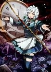  black_legwear braid chain chains flower gears hounori izayoi_sakuya maid maid_headdress pocket_watch red_eyes short_hair silver_hair skull smile solo the_embodiment_of_scarlet_devil thigh-highs thighhighs touhou twin_braids zettai_ryouiki 