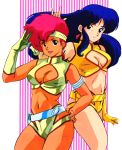  80s blue_hair breasts cleavage dark_skin dirty_pair gloves headband kei_(dirty_pair) long_hair multiple_girls navel official_art oldschool red_hair redhead short_hair tan yuri_(dirty_pair) 