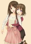  2girls :d ankle_boots arms_around_waist bangs black_legwear blush brown_eyes brown_hair collarbone dress floral_print frilled_dress frills hand_on_another&#039;s_cheek hand_on_another&#039;s_face lace lace-trimmed_collar leg_lift long_hair looking_at_another multiple_girls open_mouth original pantyhose pleated_dress pleated_skirt short_hair simple_background skirt smile sweater unasaka_ryou violet_eyes yellow_background yuri 