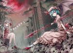  bare_tree blonde_hair blue_hair bon building castle cloud clouds flandre_scarlet hat looking_at_viewer moon multiple_girls polearm red_moon remilia_scarlet short_hair siblings side_ponytail sisters sitting skeleton skull smile spear spear_the_gungnir touhou tree weapon wings 