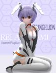  animal_ears ayanami_rei blue_hair breasts bunny_ears bunny_tail cleavage highres neon_genesis_evangelion photorealistic plugsuit realistic red_eyes short_hair siraha solo tail 