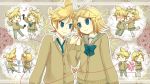  blonde_hair blue_eyes closed_eyes kagamine_len kagamine_rin microphone multiple_persona musical_note open_mouth short_hair smile table twins vocaloid 