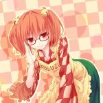  1girl apron bell blush checkered checkered_background glasses hair_bell hair_ornament jingle_bell leaning_forward looking_at_viewer masa07240 motoori_kosuzu orange_hair red-framed_glasses red_eyes short_hair smile solo touhou twintails 