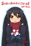  akeome black_hair brown_eyes coat k-on! long_hair mittens nakano_azusa new_year pilotis scarf sparkle twintails 