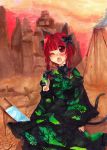  animal_ears braid cart cat_ears cat_tail dress highres kadacho kaenbyou_rin red_hair redhead solo tail tombstone touhou twintails volcano 