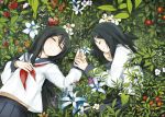  flower hand_holding holding_hands kusano_houki lying multiple_girls original school_uniform schoolgirl schoolgirls 