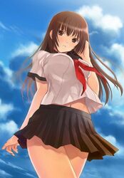  blush brown_eyes brown_hair cloud clouds hijiri_ruka long_hair midriff navel open_mouth original school_uniform serafuku skirt sky solo 