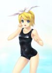  blonde_hair blue_eyes highres kagamine_rin school_swimsuit shiny shiny_clothes short_hair solo swimsuit vocaloid wacchi 