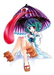  :p akanbe blue_eyes blue_hair geta heterochromia karakasa karakasa_obake no_socks panties red_eyes shinsui_uri short_hair sitting solo tatara_kogasa tongue touhou umbrella underwear white_panties 