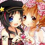  black_hair blue_eyes blush bow brown_eyes brown_hair dress hair_bow hat heart heart_hands heart_hands_duo hinase_haruka jewelry long_hair multiple_girls necklace open_mouth original smile wink 