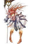  boots gauntlets green_eyes halberd highres kininaljaguar long_hair polearm primiera red_hair redhead saga saga_frontier_2 solo weapon 