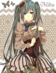  aqua_eyes aqua_hair bad_id bowtie corset hair_ornament hand_on_chest hand_on_own_chest hand_to_chest hatsune_miku long_hair muni solo twintails very_long_hair vocaloid 