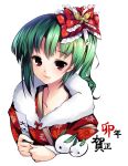  alternate_hairstyle cofepig green_hair highres japanese_clothes kagiyama_hina kanzashi kimono red_eyes short_hair snow_bunny solo touhou 