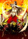  &#9320; ? ba_gua belt boots bow breasts cigarette cleavage dress_shirt fire fujiwara_no_mokou glowing glowing_eyes grin hair_bow hair_ribbon high_heels large_bow long_hair miwa_shirou miwa_shirow navel open_clothes open_pants pad pants red_eyes ribbon shirt shoes sleeves_folded_up smile smoking solo sticker suspenders touhou trigram very_long_hair white_hair yin_yang ã¢â€˜â¨ â‘¨ 