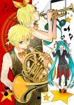  aqua_hair bass_clef baton_(instrument) blonde_hair bow bowtie closed_eyes conductor eyes_closed formal french_horn hair_ribbon hatsune_miku instrument kagamine_len kagamine_rin long_hair long_sleeves musical_note nail_polish open_mouth pants ribbon short_ponytail siblings sleeveless sleeveless_shirt star tailcoat tmt treble_clef trumpet twins twintails very_long_hair vest vocaloid waistcoat winged_shoes 