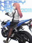  boots gloves highres itou_(onsoku_tassha) long_hair motor_vehicle motorcycle new_year original pantyhose pouch profile red_eyes red_hair redhead skirt smile solo vehicle 