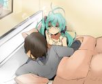  aqua_eyes aqua_hair bed blanket hatsune_miku long_hair lying meno messy_hair pillow under_covers vocaloid 