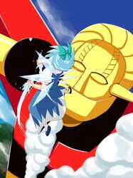  battle cirno dual_wielding flying hisou_tensoku ice mecha smoke sword touhou weapon wings 