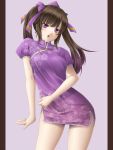  bad_id brown_hair china_dress chinese_clothes hat highres himekaidou_hatate mochi.f purple_eyes short_hair solo thighs tokin_hat touhou twintails violet_eyes 