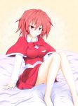  barefoot blanket bow breasts dress gamachi okazaki_yumemi red_eyes red_hair redhead ribbon shawl short_hair sitting solo touhou touhou_(pc-98) 