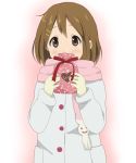  1girl bag brown_eyes brown_hair coat hirasawa_yui k-on! satchel scarf shizupu short_hair valentine winter_clothes 