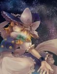  bad_id blonde_hair braid hat holding holding_hat kirisame_marisa light_smile outstretched_arm outstretched_hand short_hair sinzikun_mae sky solo star_(sky) starry_sky touhou witch witch_hat yellow_eyes 