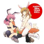  2011 animal_ears aqua_eyes arch_(artist) back bikini black_bikini boots breasts brown_hair bunny bunny_ears bunny_girl bunny_tail carrot christina_sierra cleavage feldt_grace fur green_eyes gundam gundam_00 happy_new_year long_hair looking_back multiple_girls new_year pink_hair plum_(arch) rabbit side-tie_bikini sitting swimsuit tail thighhighs twintails v_arms wariza white_bikini 