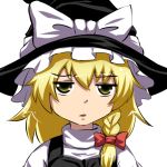  :&lt; blonde_hair bow braid flat_gaze hair_bow hat jitome k2isu kirisame_marisa long_hair simple_background solo touhou witch witch_hat yellow_eyes 