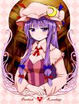 :&lt; adapted_costume breasts cleavage crescent crescent_moon earrings hat highres jewelry long_hair patchouli_knowledge purple_eyes purple_hair solo touhou violet_eyes zaxwu 