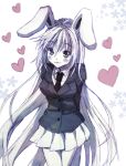  :3 animal_ears arms_behind_back blazer bunny_ears heart leaning_forward long_hair mauve monochrome necktie pleated_skirt reisen_udongein_inaba simple_background skirt solo touhou very_long_hair 