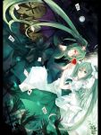  card cards dress dual_persona floating_card green_eyes green_hair hatsune_miku hitobashira_alice_(vocaloid) long_hair multiple_girls neyti red_eyes twintails very_long_hair vocaloid 