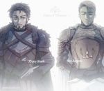  2boys a_song_of_ice_and_fire armor black_hair blonde_hair cape crossover facial_hair jo_(artist) marvel multiple_boys mustache namesake steve_rogers tony_stark 