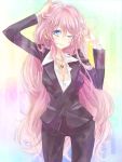  blue_eyes blush breasts business_suit cleavage formal jewelry large_breasts long_hair megurine_luka mikippa necklace pant_suit pink_hair suit unbuttoned very_long_hair vocaloid wet wet_clothes wink 