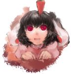  animal_ears bad_id black_hair bunny_ears carrot drooling face hands inaba_tewi looking_up maccha_cocoa red_eyes saliva short_hair solo touhou 