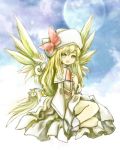  :d bad_id blonde_hair blue_sky full_moon hat lily_white long_hair moon multiple_wings open_mouth ribbon shiki_shaku sitting sky smile solo touhou wings yellow_eyes 