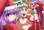  bare_shoulders blush braid breasts christmas cleavage crescent gift gloves green_eyes hat hong_meiling izayoi_sakuya large_breasts long_hair looking_back multiple_girls patchouli_knowledge purple_hair red_eyes red_hair redhead sack santa_costume santa_hat short_hair silver_hair sitting tears touhou try twin_braids 
