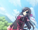  black_hair blue_eyes clouds game_cg kanou_kayoko koiiro_soramoyou long_hair ruchie seifuku sky 