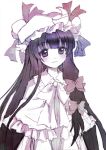  ballpoint_pen_(medium) bangs blunt_bangs blush bow capelet crescent hair_bow hat long_hair mauve mixed_media monochrome patchouli_knowledge purple_eyes purple_hair simple_background solo touhou traditional_media very_long_hair 