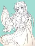  breasts detached_sleeves graphite_(medium) hair_ornament kochiya_sanae mauve monochrome navel simple_background sketch smile solo touhou traditional_media wide_sleeves 