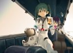  blue_hair cockpit drink green_eyes green_hair helmet honjo_mikaze jpy kikuhara_karin multiple_girls pilot_suit spacesuit stratos_4 twintails 