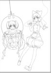  bare_shoulders belt bow bucket child girl_in_bucket hair_bobbles hair_bow hair_ornament in_bucket in_container japanese_clothes kisume kneeling kurodani_yamame lineart monochrome multiple_girls off_shoulder sayori see-through short_hair sketch spider_web touhou twintails 