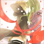  1boy 1girl blonde_hair couple hetero hoodie kagerou_project kano_(kagerou_project) kido_(kagerou_project) kiss long_hair petals puzsan red_eyes red_string ribbon short_hair string 