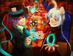  alice_in_wonderland animal_ears braid bunny_ears character_request hat mad_hatter male march_hare multiple_boys purple_hair puu_(aiko) saleh table tales_of_(series) tales_of_rebirth top_hat veigue_lungberg white_hair 