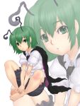  antennae barefoot cape feet green_eyes green_hair hands hands_on_feet highres kuro_suto_sukii pants short_hair sitting solo toe_scrunch toes touhou wriggle_nightbug zoom_layer 