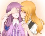  hand_holding hand_on_another's_face hand_on_face holding_hands incipient_kiss kirisame_marisa multiple_girls mutual_yuri nnisch no_hat no_headwear patchouli_knowledge touhou yuri 