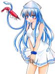  adult blue_eyes blue_hair blush bracelet dress hat ikamusume jewelry long_hair miru_(millefeuille) shinryaku!_ikamusume shrimp solo tentacle_hair 