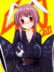  2011 :&lt; alternate_hairstyle animal_ears blush breasts bunny bunny_ears collarbone han64 han_(jackpot) highres huge_breasts japanese_clothes kimono large_breasts obi purple_hair rabbit red_eyes reisen_udongein_inaba solo touhou 