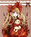  ai_haco blonde_hair blue_eyes blush bonnet bow dress flower hand_on_face hand_on_own_face kunkun long_hair open_mouth pink_rose rose rozen_maiden shinku smile solo stuffed_animal stuffed_toy twintails 