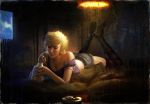  blonde_hair boots bottle breasts cleavage dahlia_gillespie dahlia_mason heather_mason lying official_art on_bed on_stomach realistic short_hair shorts silent_hill silent_hill:_shattered_memories silent_hill_1 striped striped_legwear striped_thighhighs thigh-highs thighhighs 