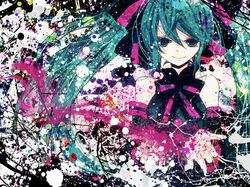  abstract aqua_eyes aqua_hair bad_id hair_ribbon hatsune_miku long_hair ribbon sazanami_shione smile solo twintails very_long_hair vocaloid 